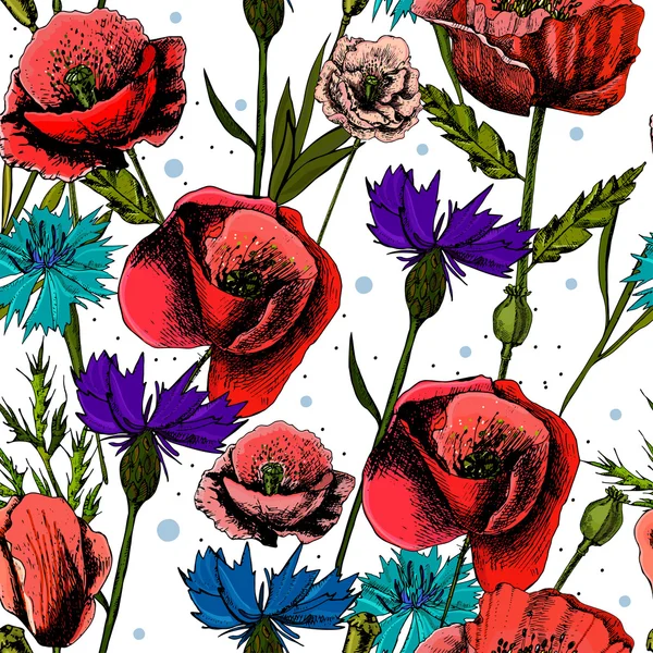 无缝模式与亮丽鲜艳的花朵矢车菊和罂粟花，浅色的背景 — 图库矢量图片