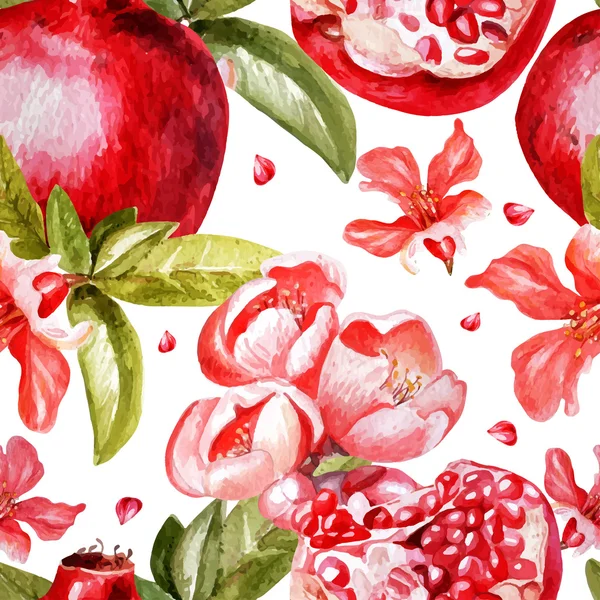 Beau motif aquarelle avec des fruits et des fleurs de grenade — Image vectorielle