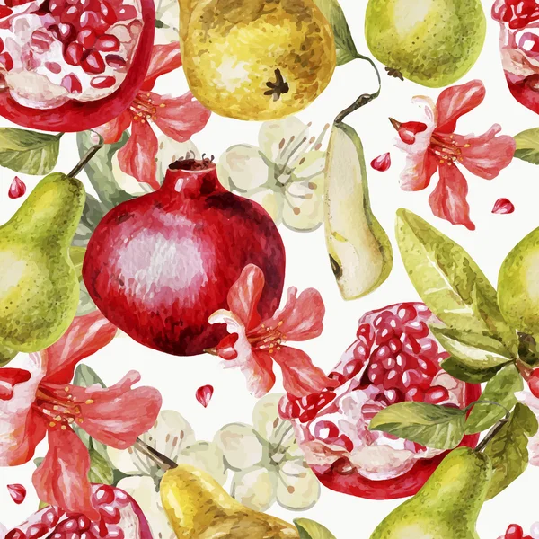 Piękny wzór akwarela z owoców i kwiatów granatu i gruszka — Wektor stockowy