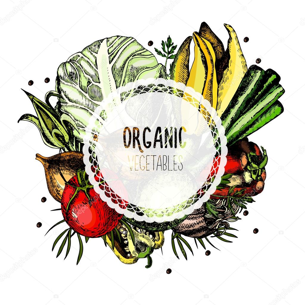 Label organic vegetables on a white background