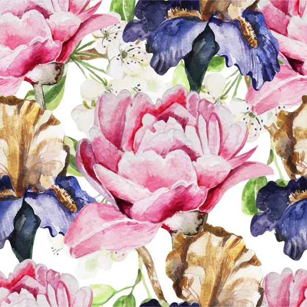 Modèle sans couture avec des fleurs d'aquarelle. Iris. Pivoines — Image vectorielle