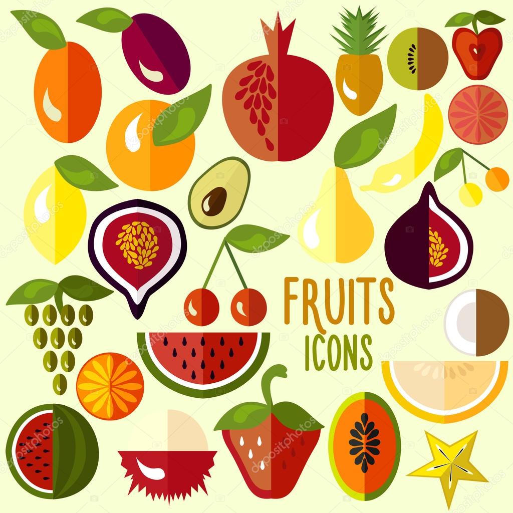 Fruit icons: vector set of flat colorful food signs. Vector illustration