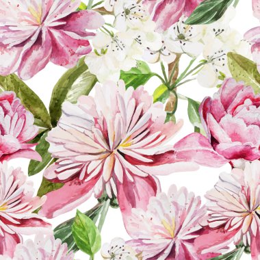 Dikişsiz desen suluboya çiçekli. Peonies