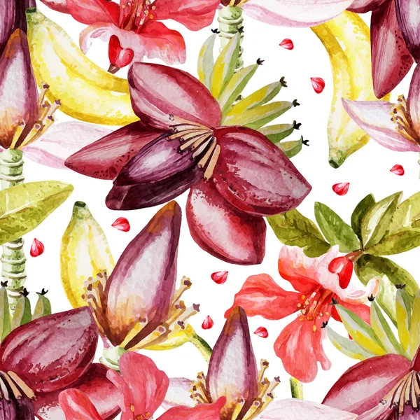 Watercolor pattern with flowers banana, pomegranate. — Stock vektor