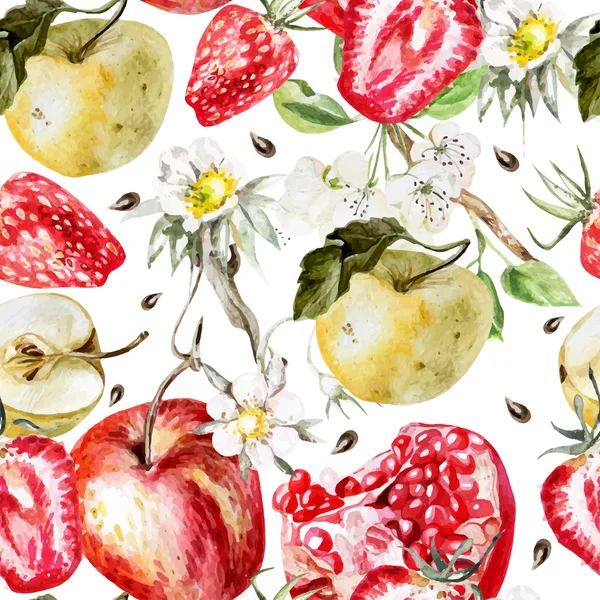 Aquarellmuster mit Äpfeln, Erdbeeren, Granatäpfeln und Blumen. — Stockvektor