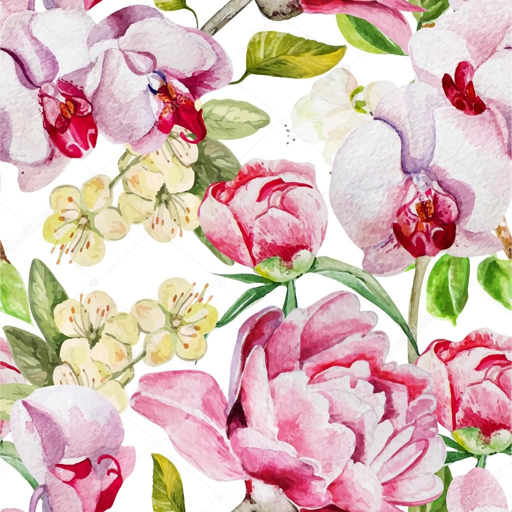 Reticolo con delicata peonia fiori e orchidee su sfondo bianco Reticolo con delicata peonia fiori e orchidee su sfondo bianco Vector — Vettoriali di knopazyzy