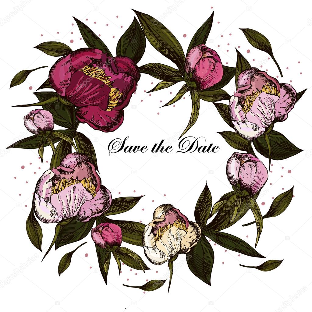 Bridal wreath of peonies and leaves. Save the date