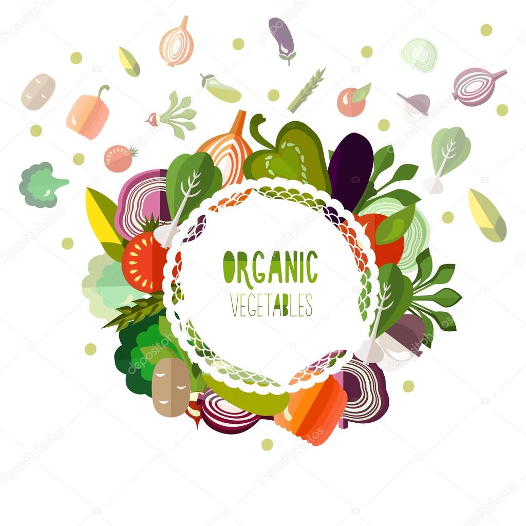 Label organic vegetables on a white background.