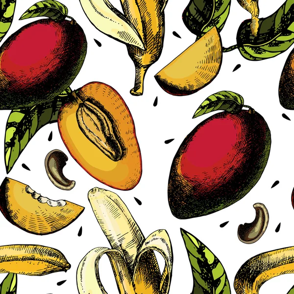 Krásný barevný vzor s listy a šťavnaté tropické ovoce banán a granátové jablko na bílém pozadí. — Stockový vektor