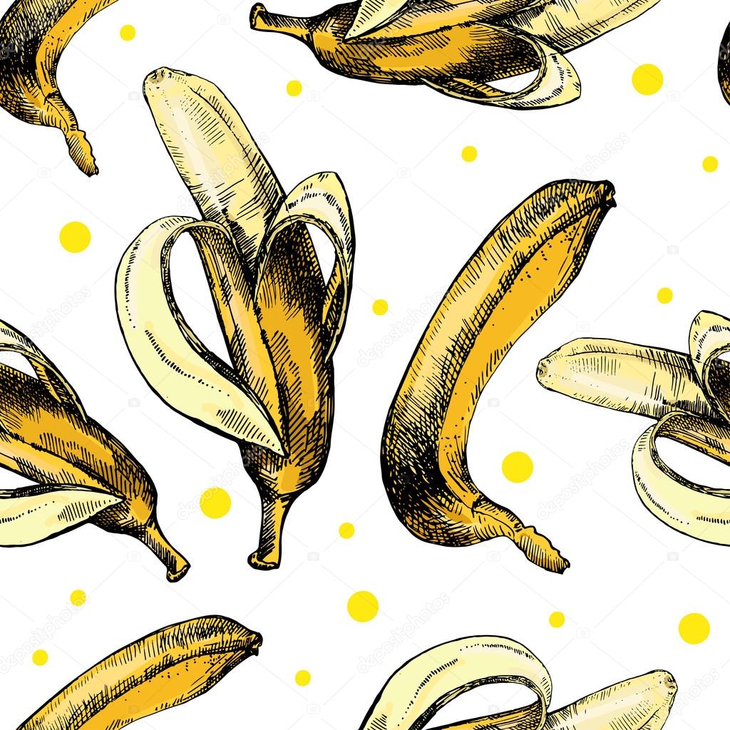 Hand drawing pattern with bananas on a white background.