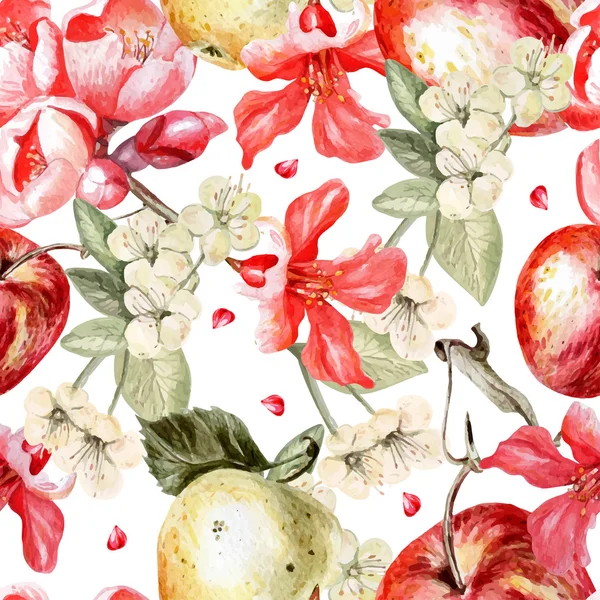 Aquarel patroon met appels en bloemen van granaatappel en apple — Stockvector