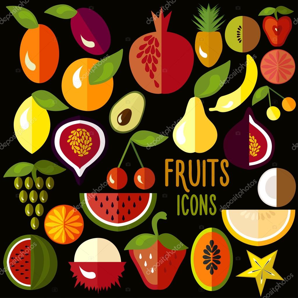 Fruit icons: vector set of flat colorful food signs. Vector illustration