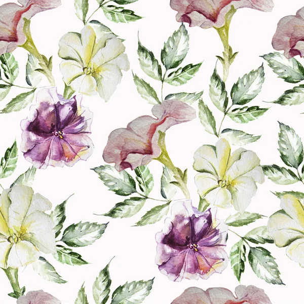 Modèle avec des fleurs de pétunia aquarelle en arrière-plan — Photo