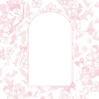 Sevgililer Günü çiçekli kemer çerçevesi, aşk tanrısı ve romantik suluboya arkaplan. Görüntü