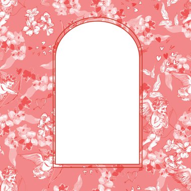 Sevgililer Günü çiçekli kemer çerçevesi, aşk tanrısı ve romantik suluboya arkaplan. Görüntü