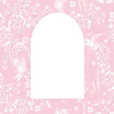 Sevgililer Günü çiçekli kemer çerçevesi, aşk tanrısı ve romantik suluboya arkaplan. Görüntü