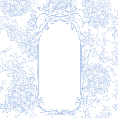 Şakayık ve yapraklı eski Toile de Jouy kartı. Görüntü