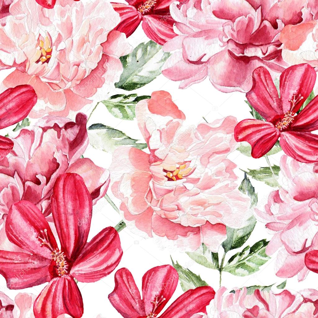 Seamless pattern with watercolor flowers. Peonies. — Stock ...