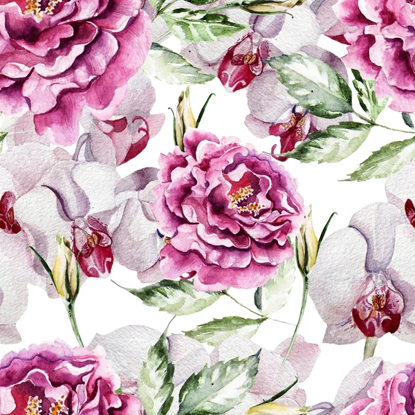 Modello con delicati fiori di peonia e orchidee — Foto Stock