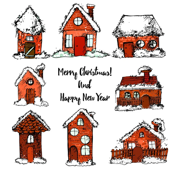 Feliz Natal e feliz ano novo, casas de Natal, mão desenhada . — Vetor de Stock