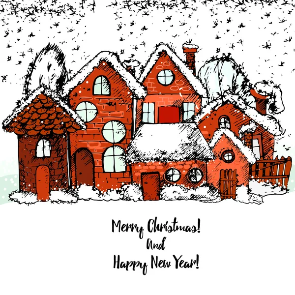 Feliz Navidad y feliz año nuevo, dibujado a mano Ciudad de invierno . — Vector de stock