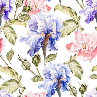 Çiçekler Iris, peonies, gül, tomurcukları ve yaprakları suluboya desen.