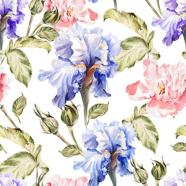 Watercolor pattern with flowers iris, peonies, roses, buds and petals. — Stock Photo, Image