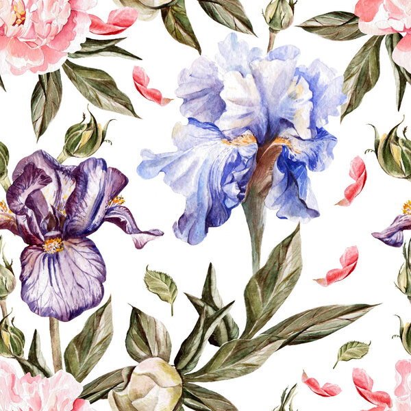 Watercolor pattern with flowers  iris, peonies and roses, buds and petals.