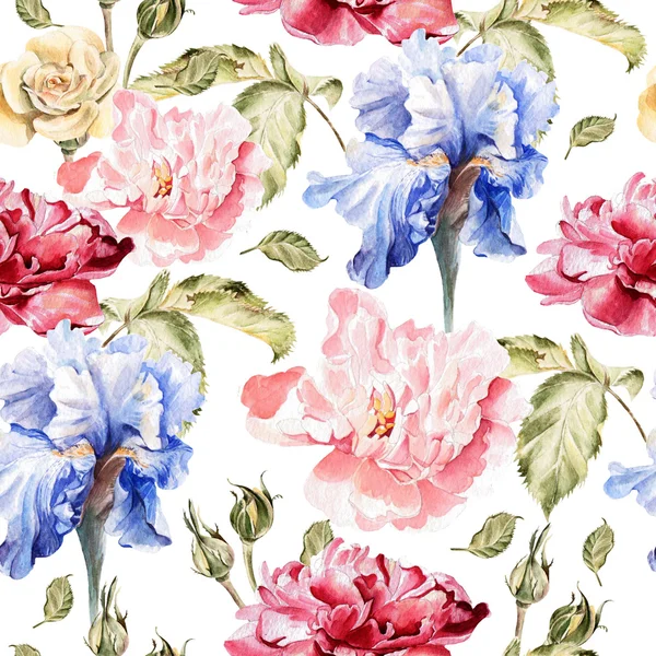 Watercolor pattern with flowers  iris, peonies and roses, buds and petals. — Stock Photo, Image