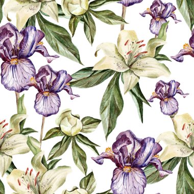 Çiçekler Iris, peonies ve lilyum, tomurcukları ve yaprakları ile suluboya desen. 