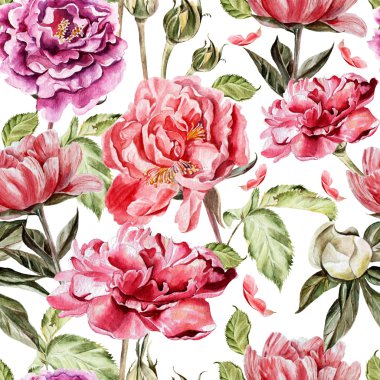 Dikişsiz desen suluboya çiçekli. Peonies. 