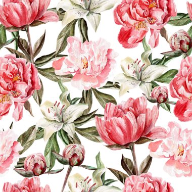 Çiçekler, peonies ve lilyum, tomurcukları ve yaprakları ile suluboya desen.