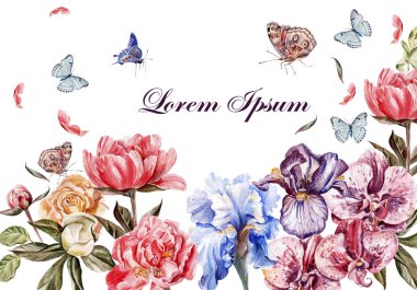 Şakayık çiçekleri, güller ve orkide çiçek güzel suluboya kart. Kelebekler ve bitkiler.