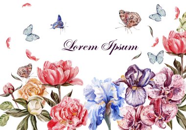 Beautiful watercolor card with peony flowers, roses and orchid flower. Butterflies and plants. clipart