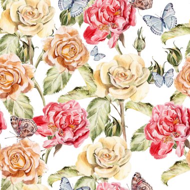 Beautiful watercolor pattern with butterflies, flowers of peony and roses. clipart