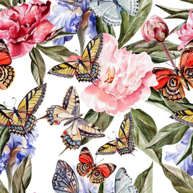 güzel kelebek ve çiçek iris ve peonies suluboya desenle.