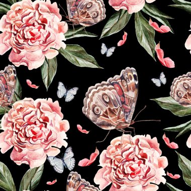 Şakayık çiçekleri, kelebekler ve bitkiler ile güzel suluboya desen.