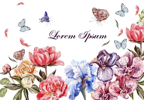 Şakayık çiçekleri, güller ve orkide çiçek güzel suluboya kart. Kelebekler ve bitkiler.