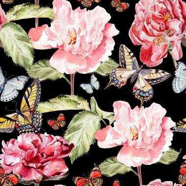 güzel kelebekler ve Şakayık çiçekleri ile suluboya desen.