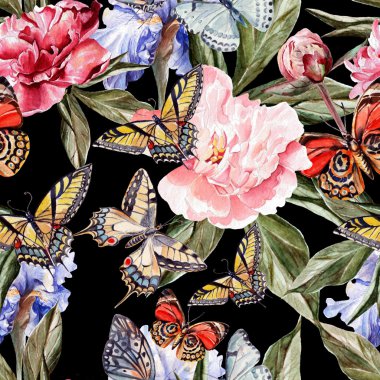 güzel kelebek ve çiçek iris ve peonies suluboya desenle.