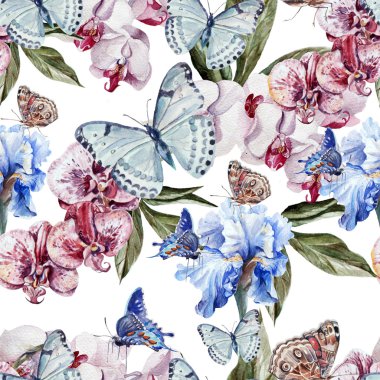 Kelebek ve çiçek orkide ve iris ile güzel suluboya desen