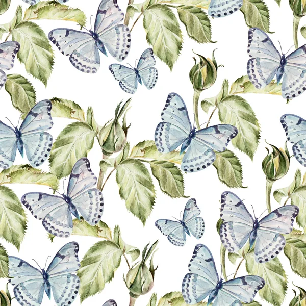蝶や植物の美しい水彩画パターン — ストック写真
