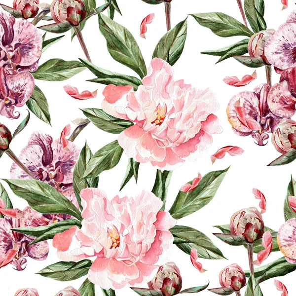 Seamless pattern with peonies, orchid flowers and leaves. — Stock Photo, Image