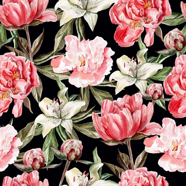 Aquarel patroon met bloemen, pioenrozen en lelies, knoppen en bloemblaadjes. — Stockfoto