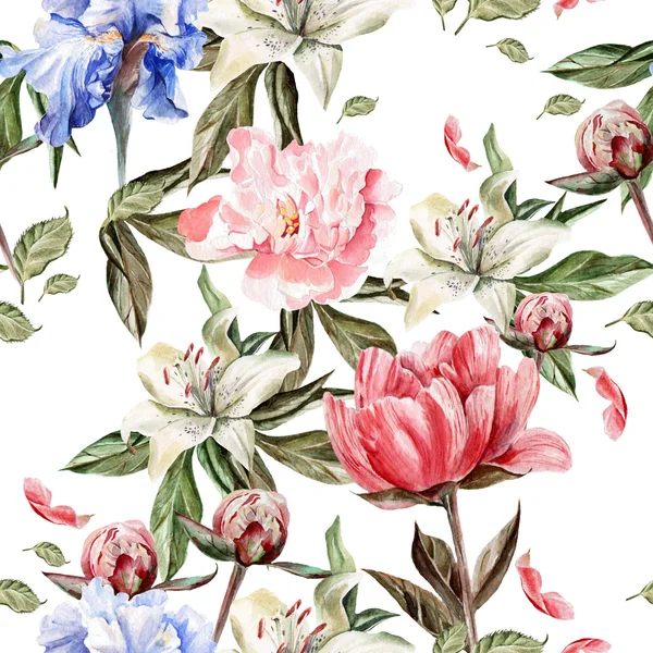 Akvarell mönster med blommor iris, pioner och liljor, knoppar och kronblad. — Stockfoto