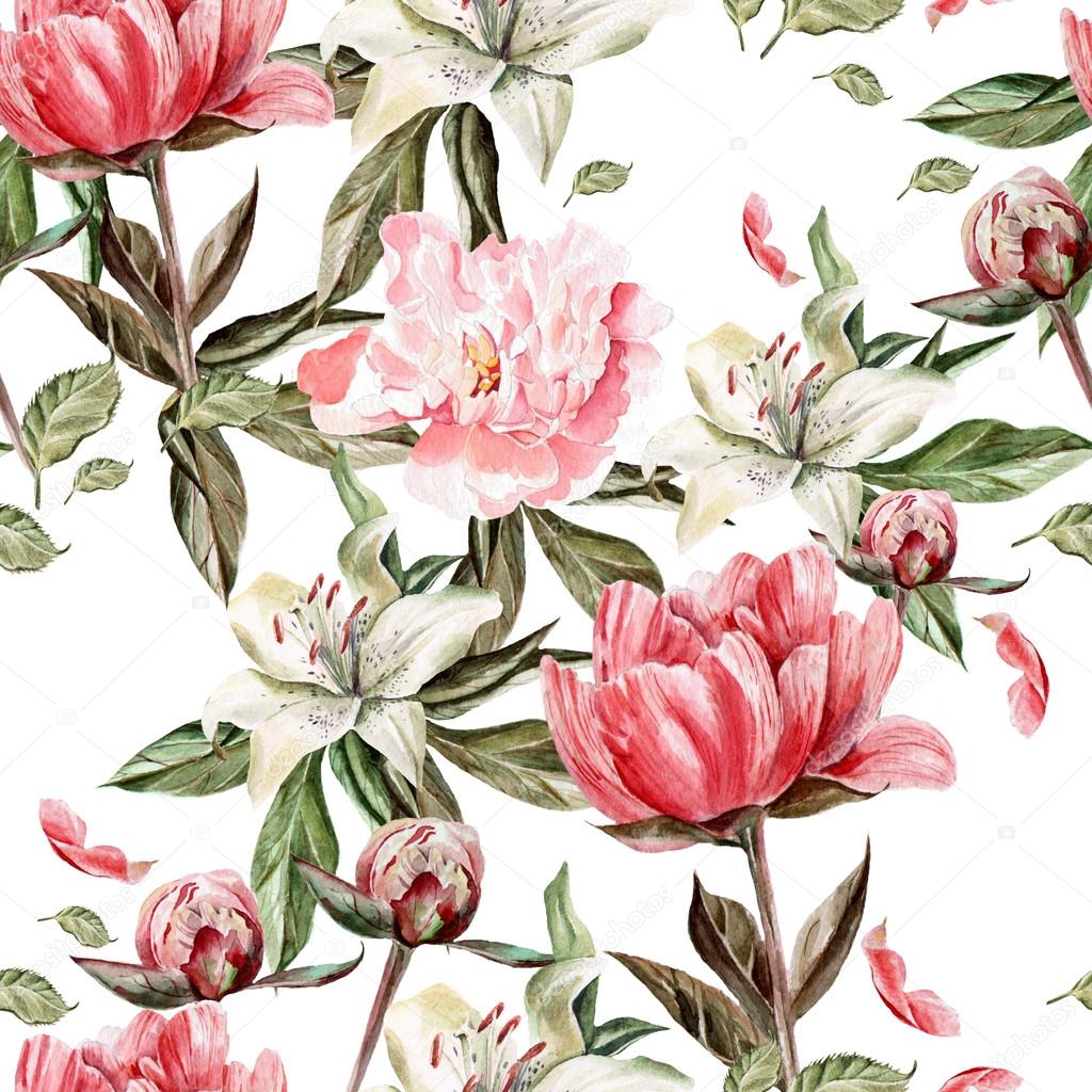 Watercolor pattern with flowers, peonies and lilies, buds and petals.