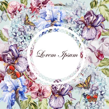 Ortanca, orkide çiçek, Iris ile güzel suluboya kart. 