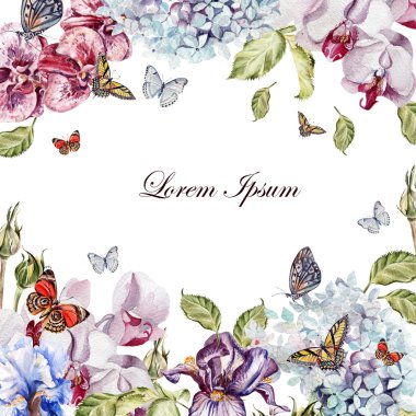 Ortanca, orkide çiçek, Iris ile güzel suluboya kart. 