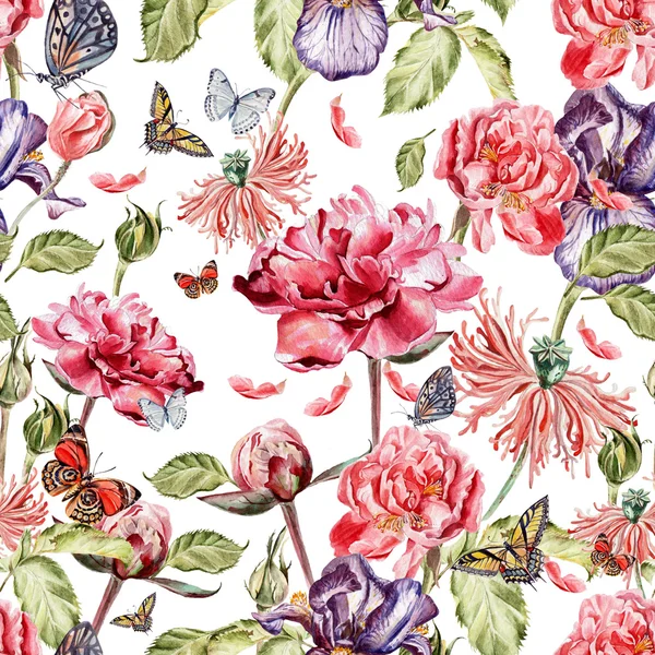 Watercolor pattern with beautiful butterflies and flowers iris, poppies, peonies. — Stock Photo, Image