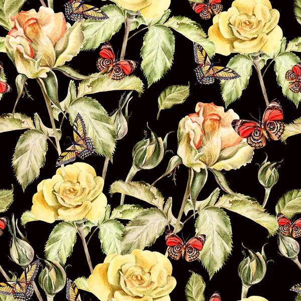 Muster mit Aquarell realistische Rose und Schmetterlinge. — Stockfoto